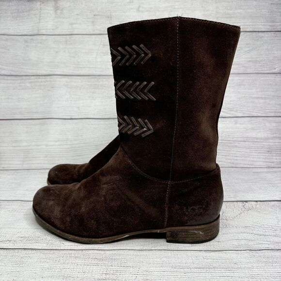 UGG 3182 Cailyn Distressed Brown Suede Upper Leather Side Zip Boots women's sz 9 - Picture 1 of 15